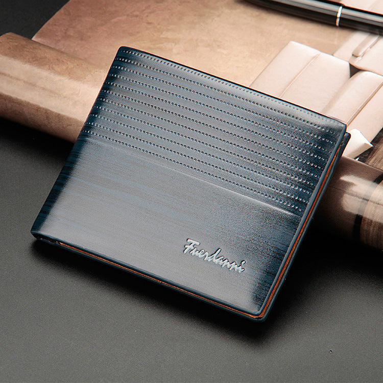 FashionRay stylish blue leather wallet with textured design on desk, affordable men's accessory