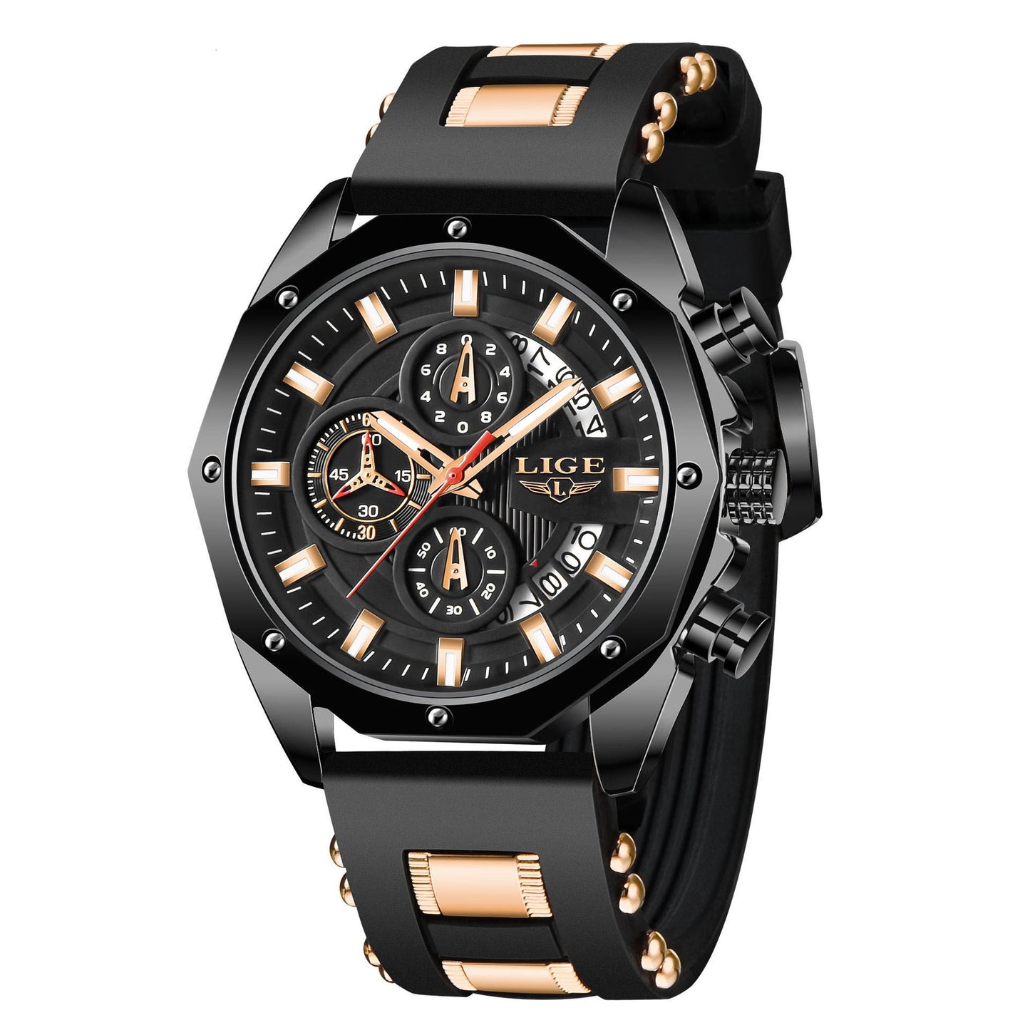 Black and gold LIGE chronograph watch with silicone strap, modern men's fashion accessory