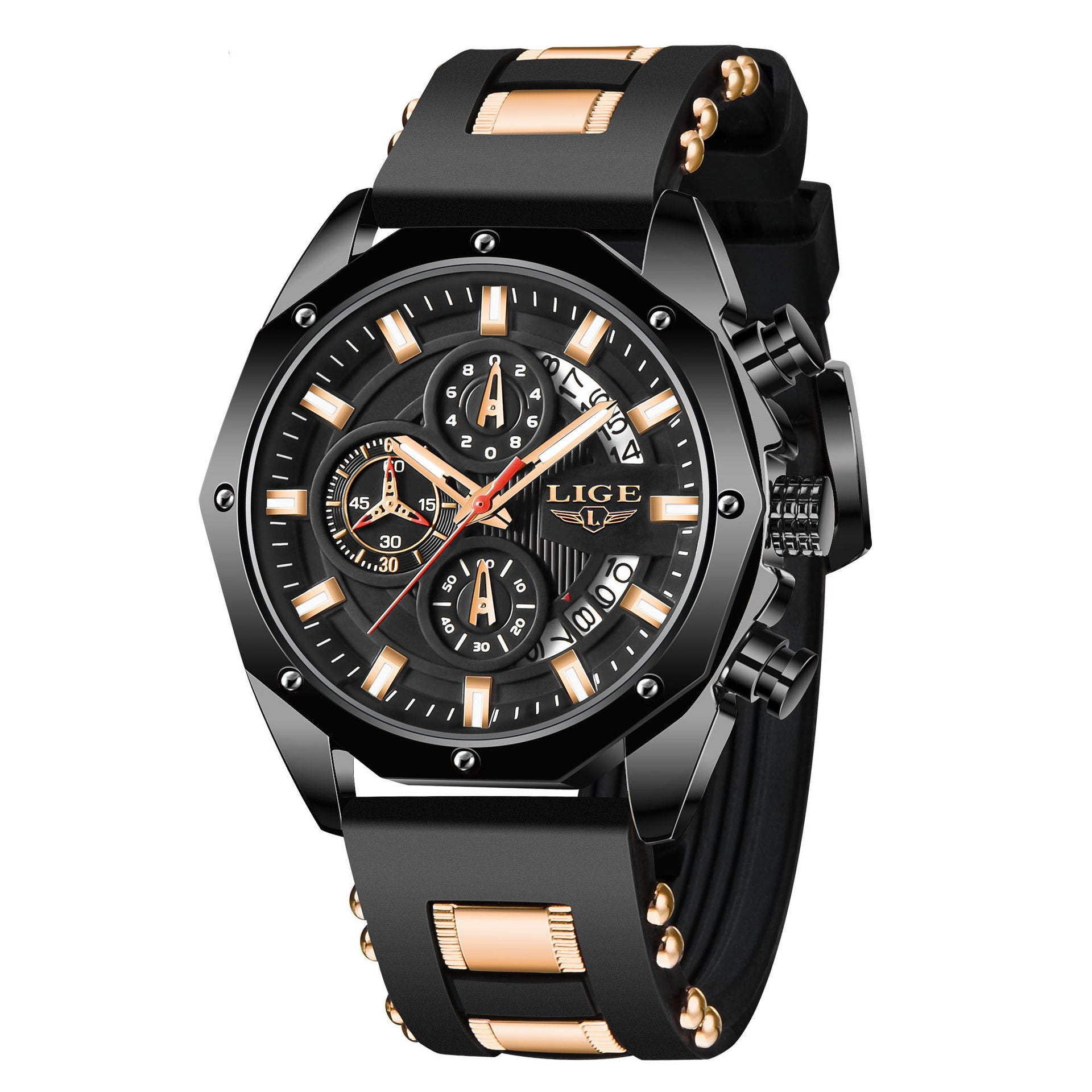 Black and gold LIGE chronograph watch with silicone strap, modern men's fashion accessory