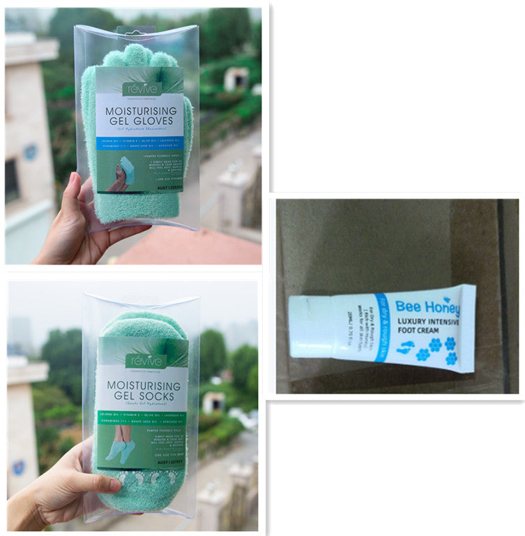 FashionRay moisturizing gel gloves and socks set with Bee Honey luxury foot cream, displayed outdoors.