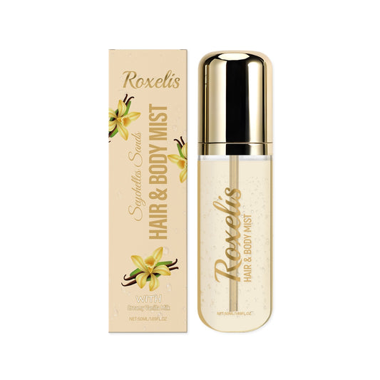 Roxelis Seychelles Sands Hair & Body Mist with creamy vanilla milk, gold cap bottle and box