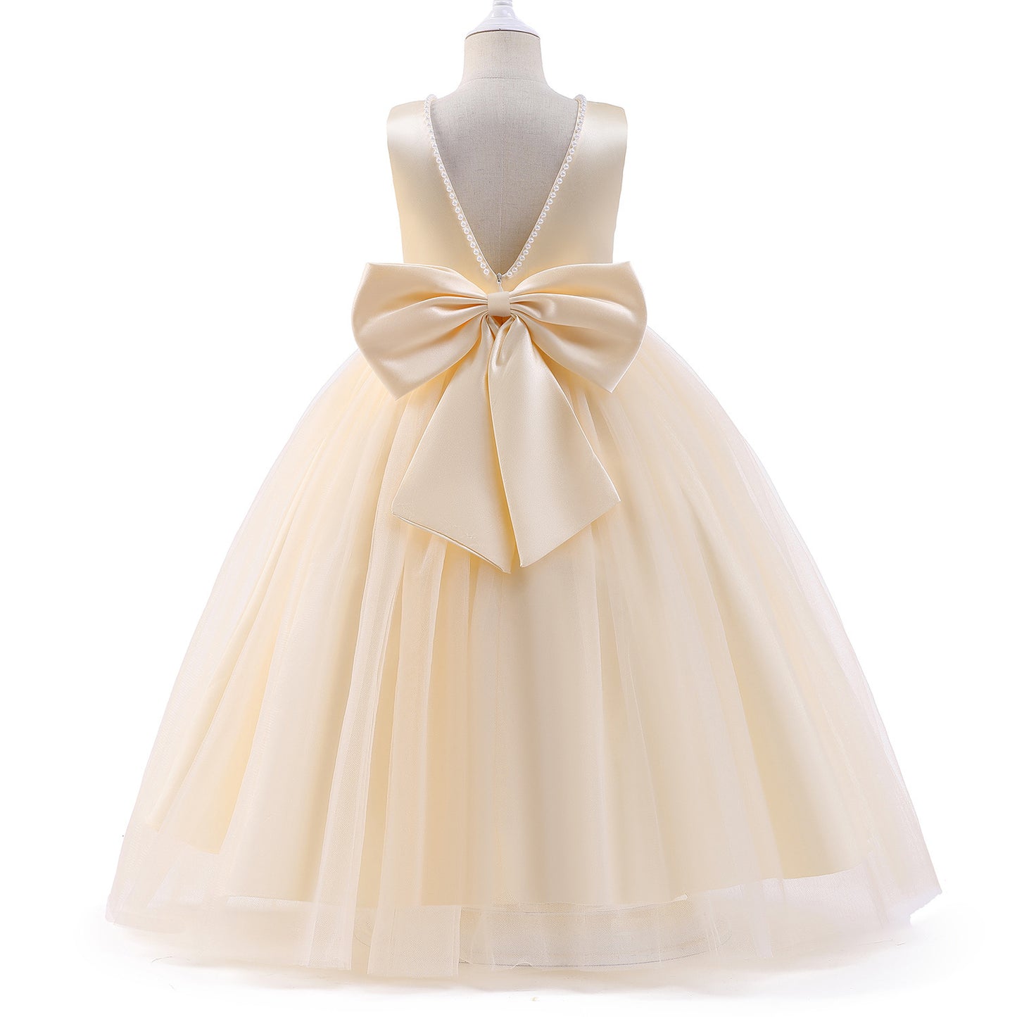 Ivory tulle ball gown dress for girls with deep V back and large satin bow, FashionRay style