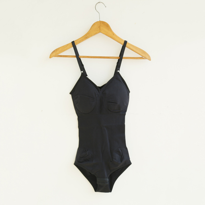Black one-piece bodysuit with adjustable straps on wooden hanger, FashionRay trendy style