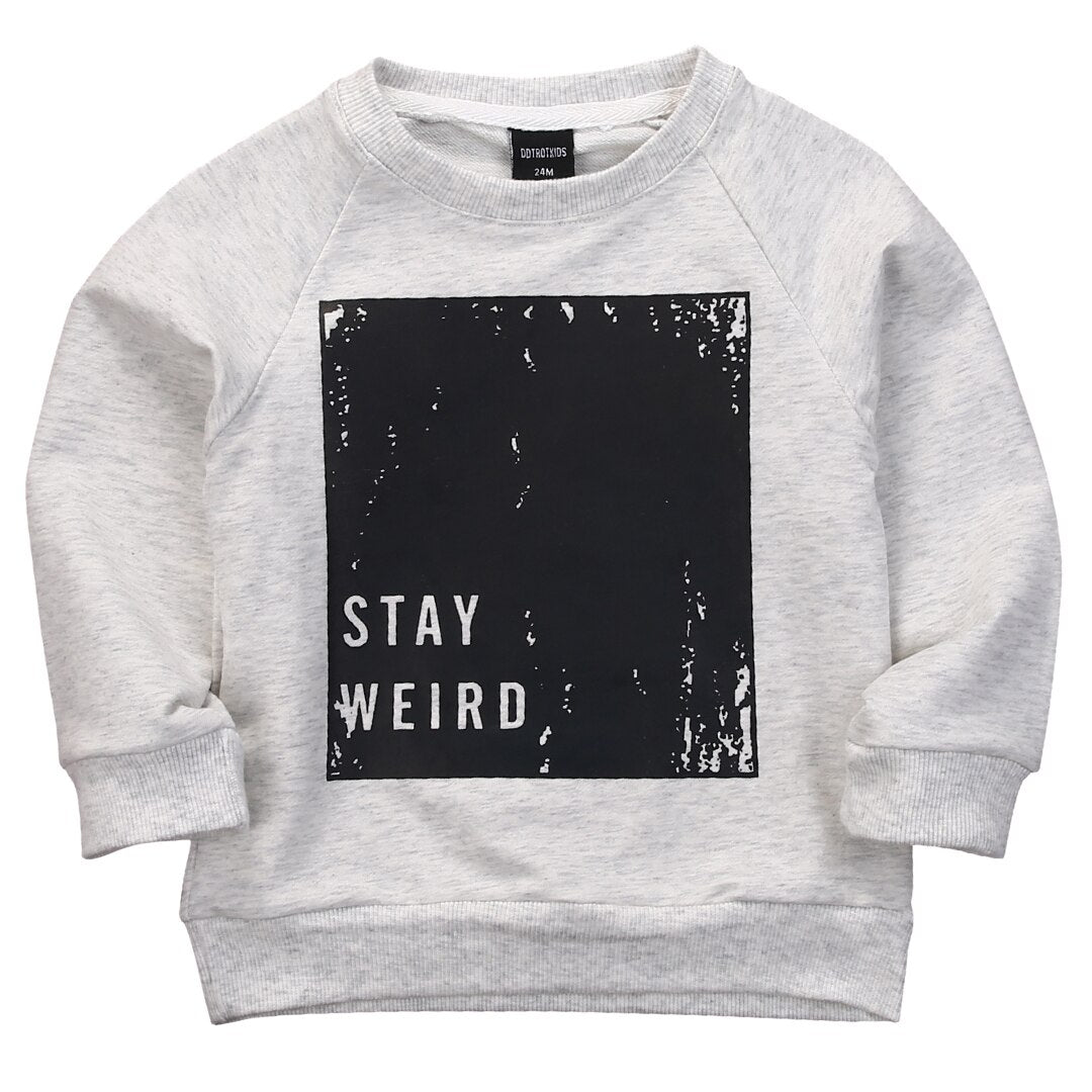 Light gray toddler sweatshirt with black graphic and 'STAY WEIRD' text, FashionRay kids style
