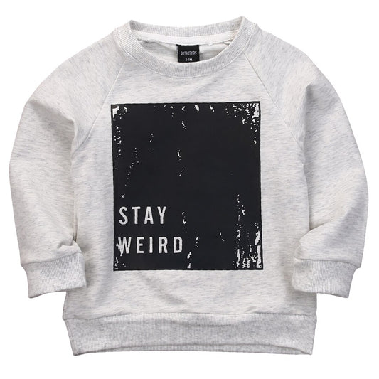 Light gray toddler sweatshirt with black graphic and 'STAY WEIRD' text, FashionRay kids style