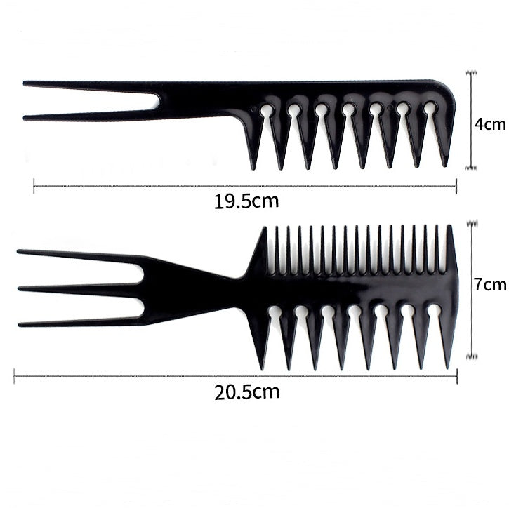 Black dual-sided hair styling combs with fork handles and size measurements on white background