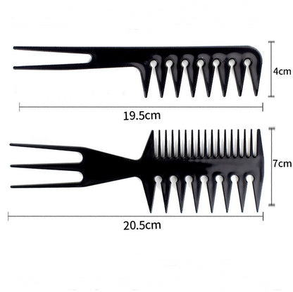 Black dual-sided hair styling combs with fork handles and size measurements on white background