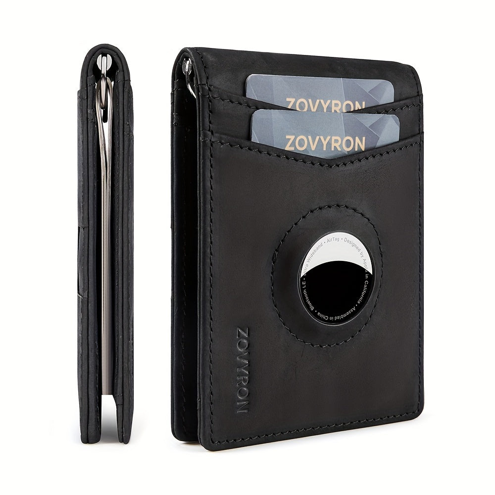 Slim black leather wallet with card slots and AirTag holder, stylish men's accessory