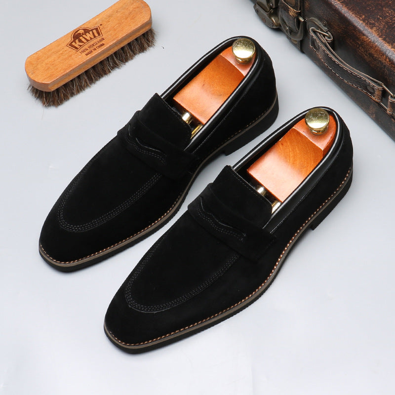 Black suede loafers with wooden shoe trees, Kiwi shoe brush, vintage leather suitcase, FashionRay