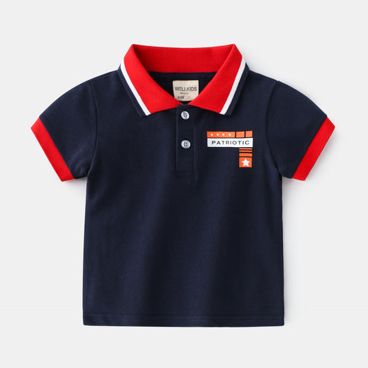 Kids navy blue polo shirt with red collar and patriotic graphic, FashionRay trendy fashion