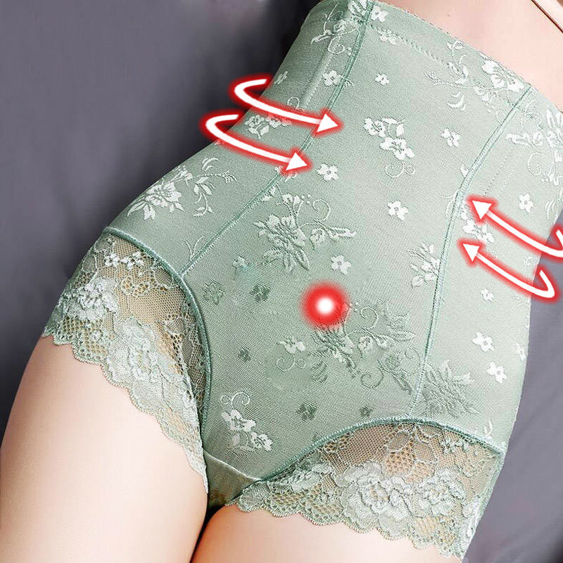 High-waisted floral lace shapewear underwear, light green, comfort slimming design, FashionRay
