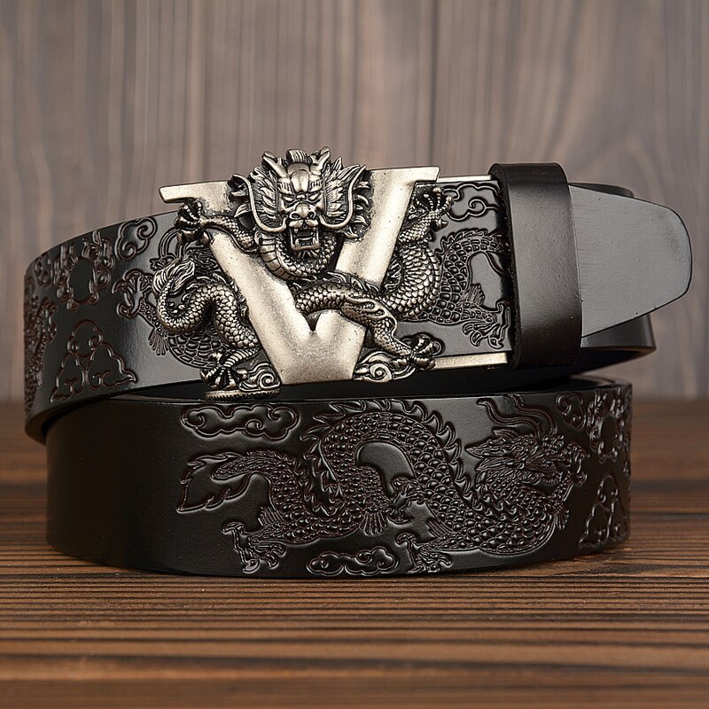 Black leather belt with embossed dragon design and ornate dragon buckle, FashionRay style
