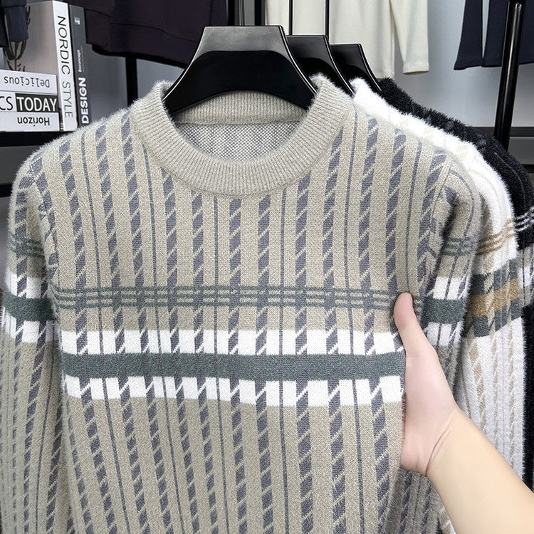 FashionRay beige and gray striped sweater with geometric pattern, hanging on rack