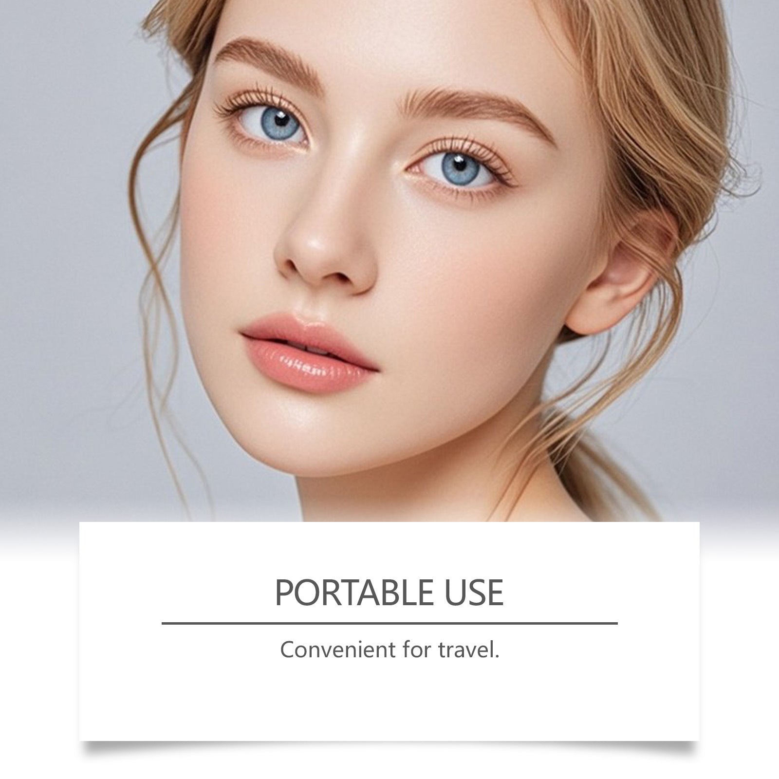 Blonde woman with natural makeup, promoting FashionRay portable beauty product for travel.