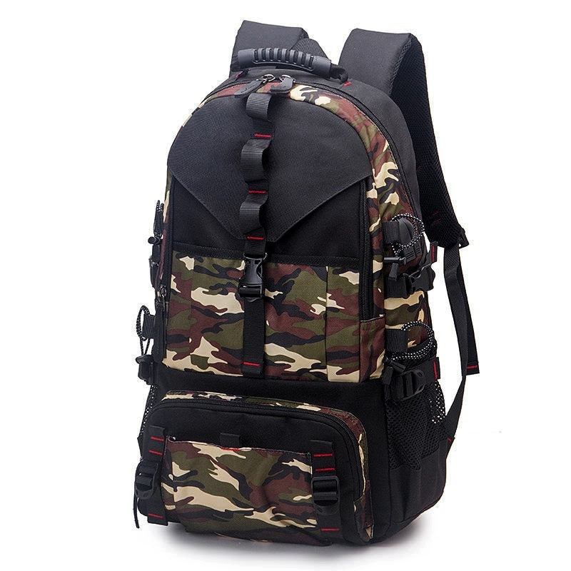 Camouflage print backpack with buckles and multiple pockets, trendy style from FashionRay