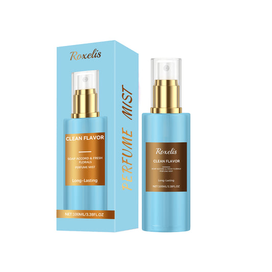 Roxelis Clean Flavor perfume mist blue bottle and box, long-lasting floral fragrance