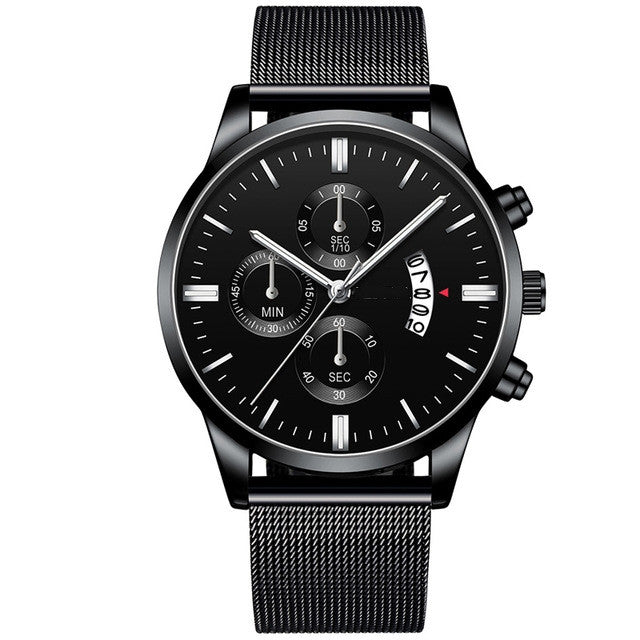 Sleek black men's chronograph wristwatch with mesh strap and subdials, FashionRay style