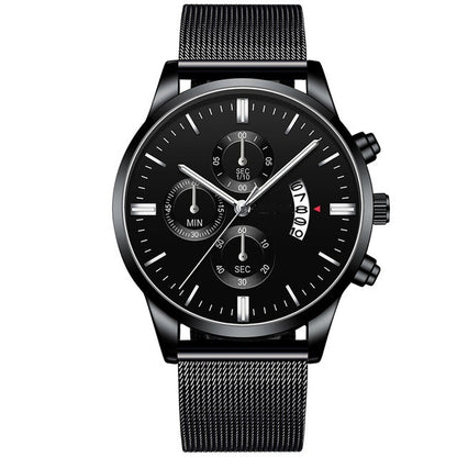 Sleek black men's chronograph wristwatch with mesh strap and subdials, FashionRay style
