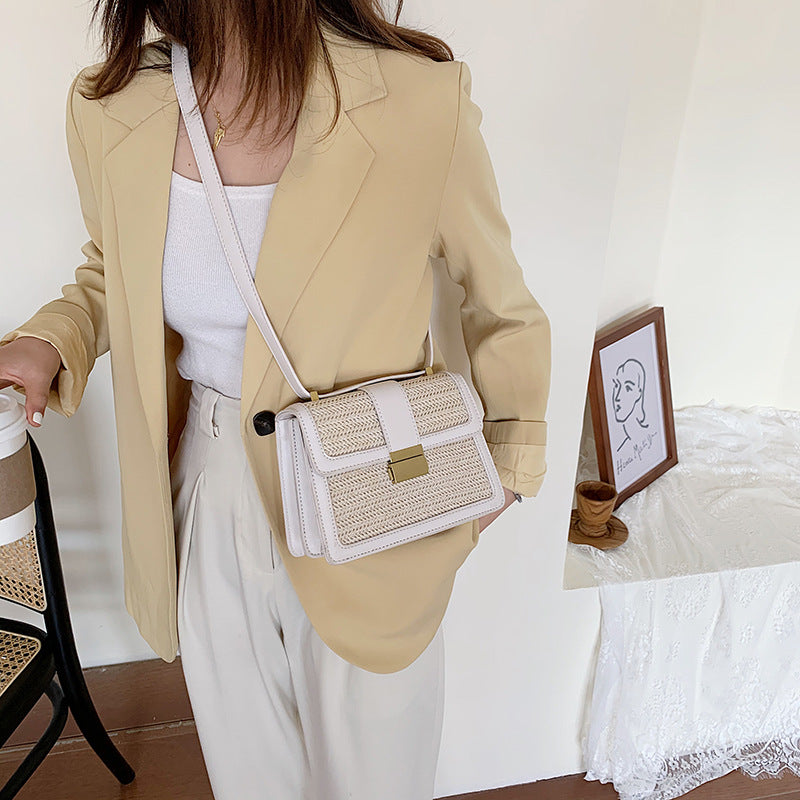 Woman in beige blazer with trendy woven crossbody bag, FashionRay modern chic outfit