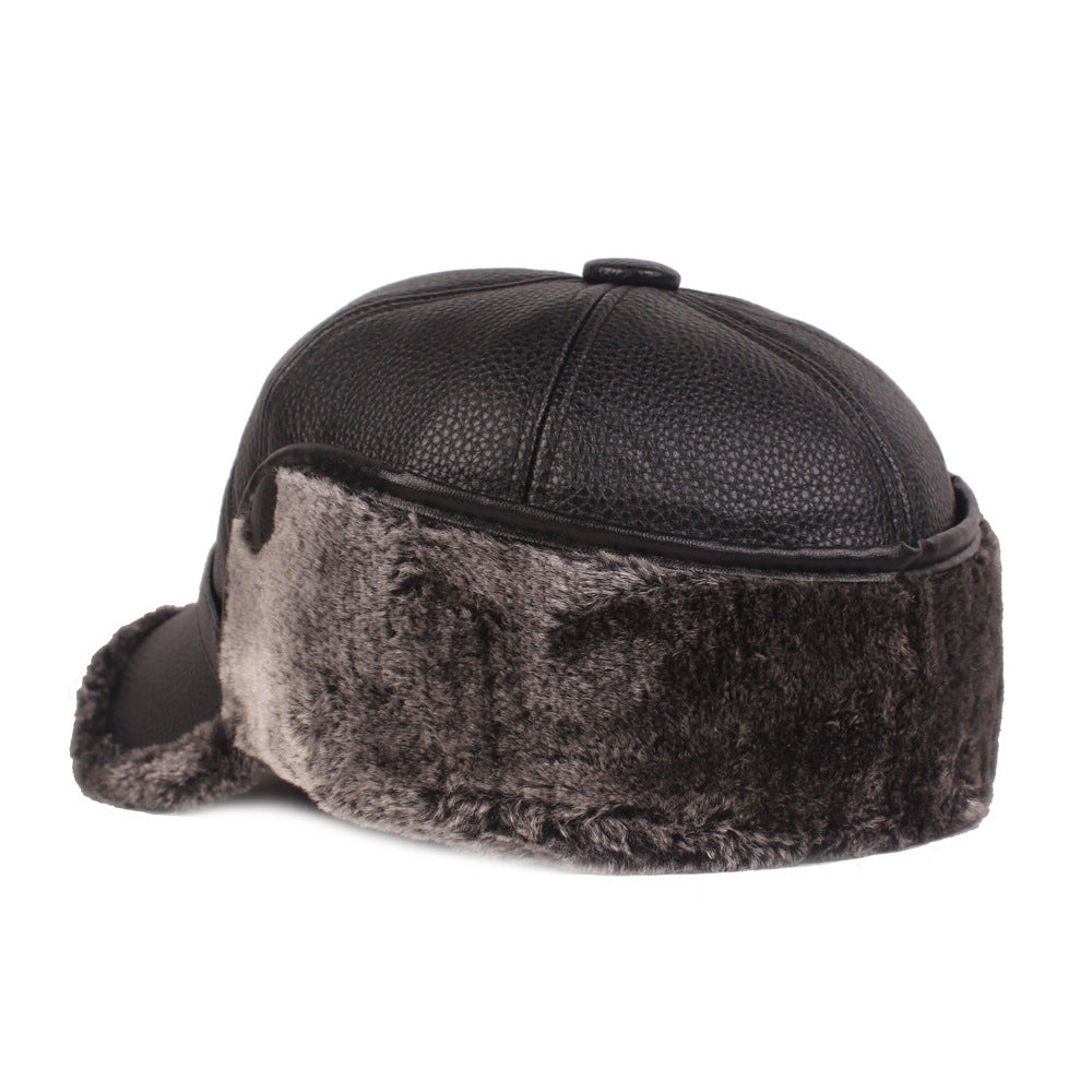 Black leather winter hat with faux fur trim, stylish and warm, FashionRay accessory