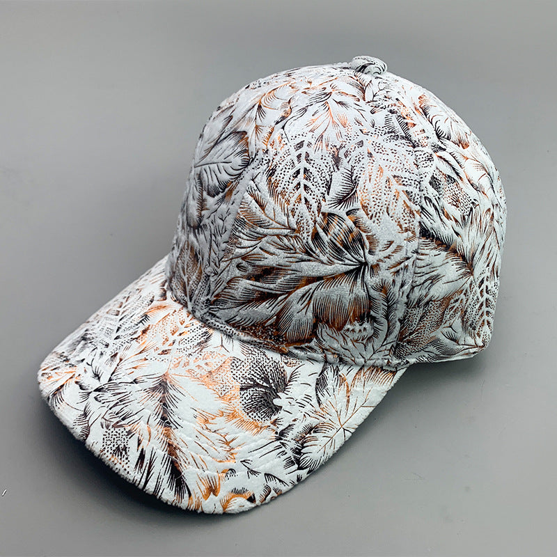 FashionRay tropical leaf print baseball cap, trendy gray and orange pattern, street style