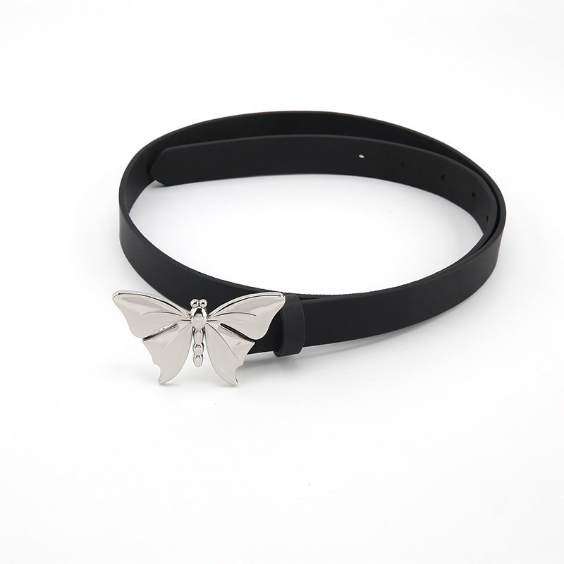 Black belt with silver butterfly buckle on white background, FashionRay trendy accessory