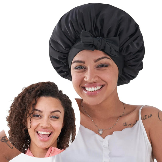 Woman wearing a black satin hair bonnet with bow, before and after showing curly hair, FashionRay.