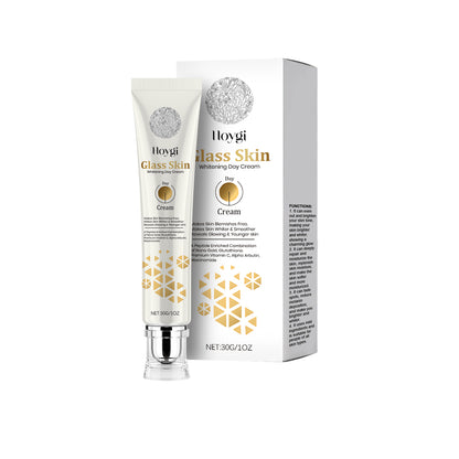 Hoygi Glass Skin Whitening Day Cream tube and box, skincare product for bright, smooth skin