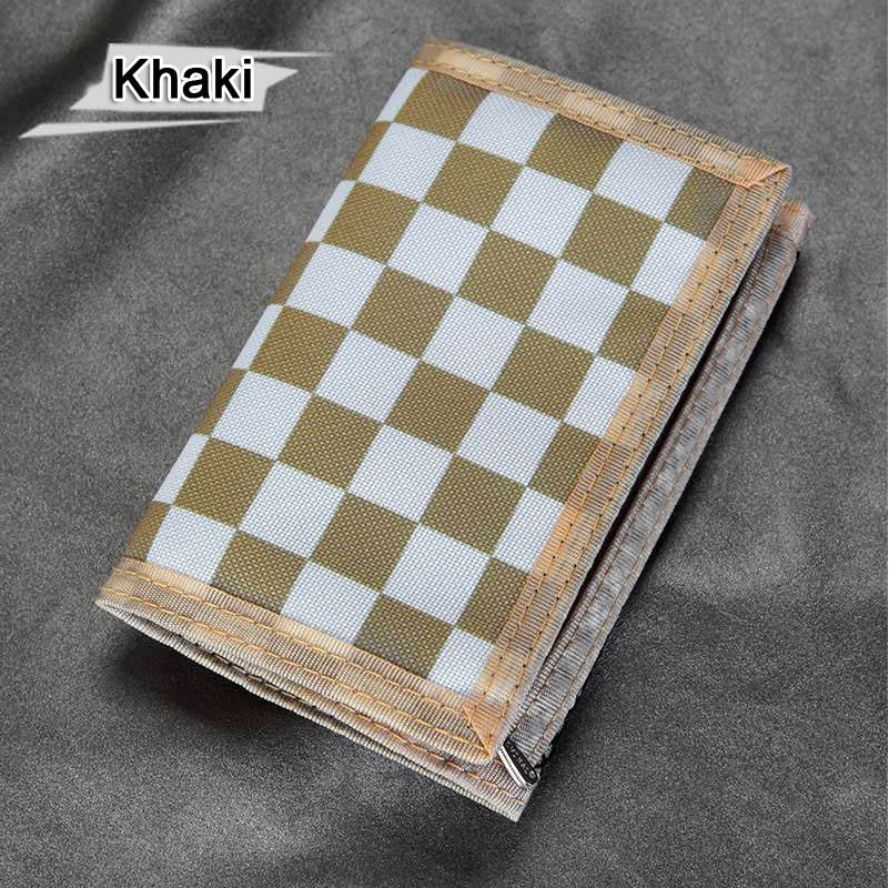 Khaki checkered wallet on gray fabric, trendy fashion accessory from FashionRay