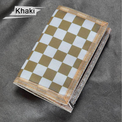 Khaki checkered wallet on gray fabric, trendy fashion accessory from FashionRay
