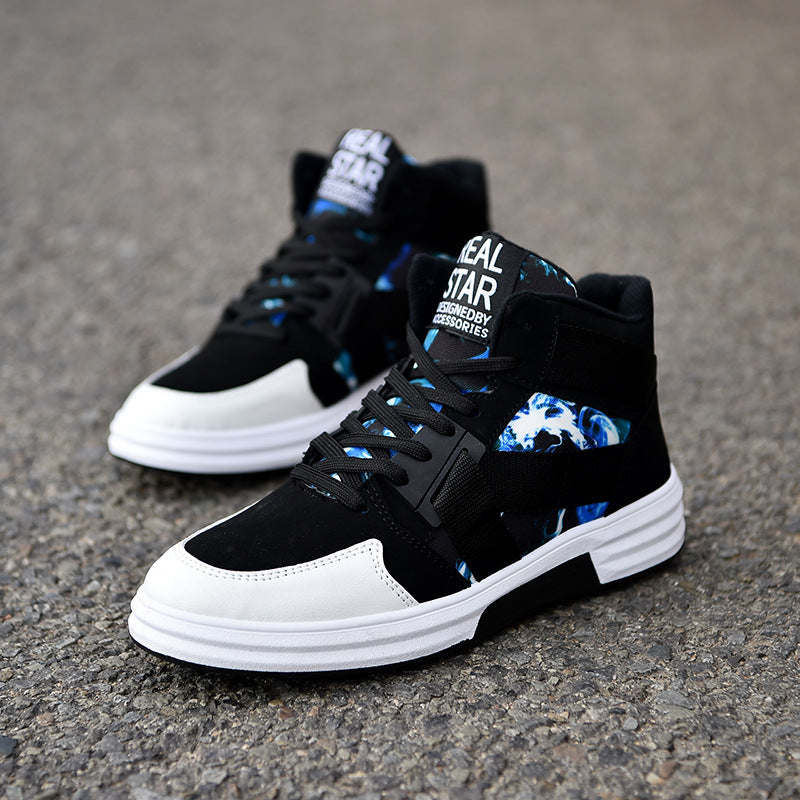 FashionRay trendy black and white high-top sneakers with blue accents on asphalt
