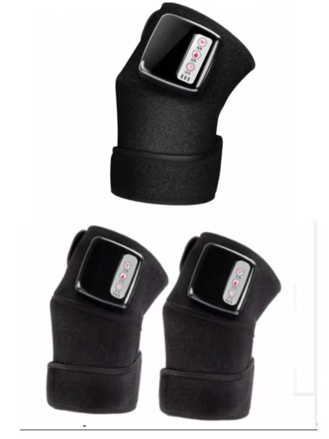 Black adjustable knee braces with digital heating pads for comfort and support, FashionRay.