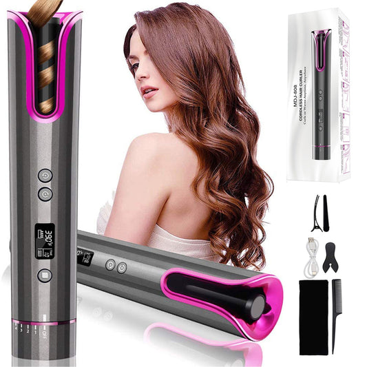 Woman with long, wavy hair using cordless hair curler, FashionRay beauty product and accessories.