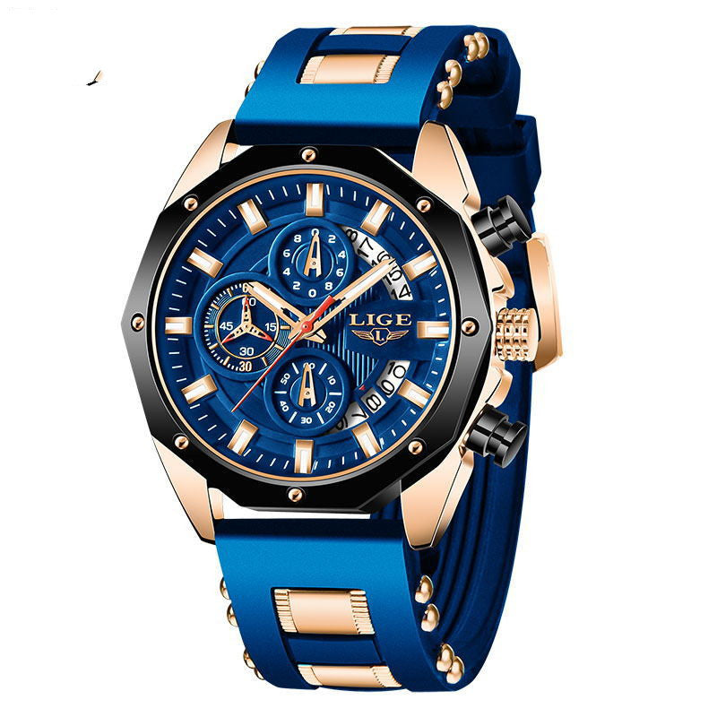 Men’s blue and gold chronograph watch with silicone band at FashionRay