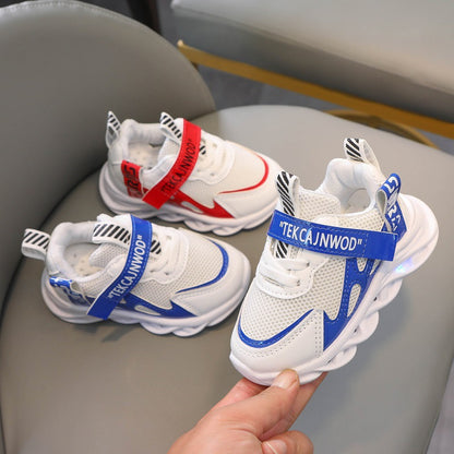 Children's white mesh sneakers with bold blue and red accents, FashionRay trendy footwear