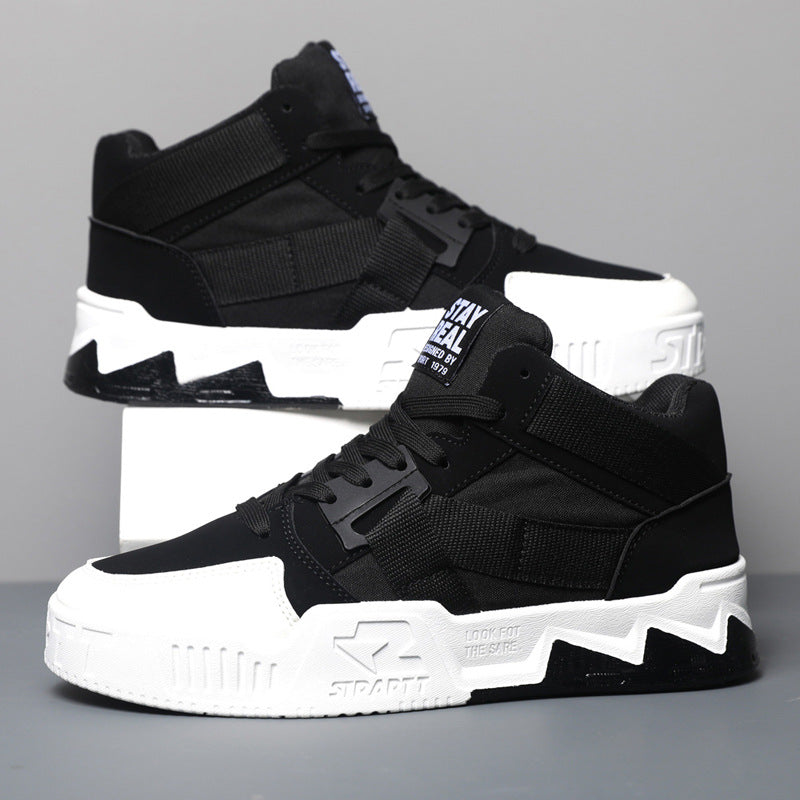 Black and white high-top sneakers with chunky sole, trendy streetwear shoes at FashionRay
