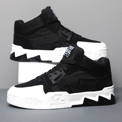 Black and white high-top sneakers with chunky sole, trendy streetwear shoes at FashionRay