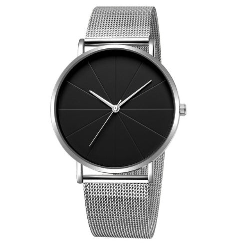 Minimalist silver mesh wristwatch with black dial, modern men's accessory from FashionRay
