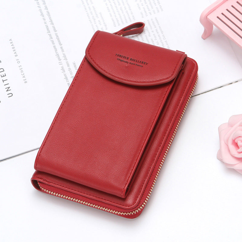 FashionRay red leather wallet with zipper and wrist strap on white background