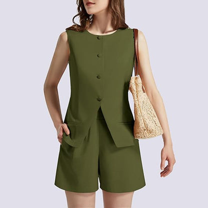 Woman in olive green sleeveless button-up shorts set holding a beige crochet handbag, FashionRay style