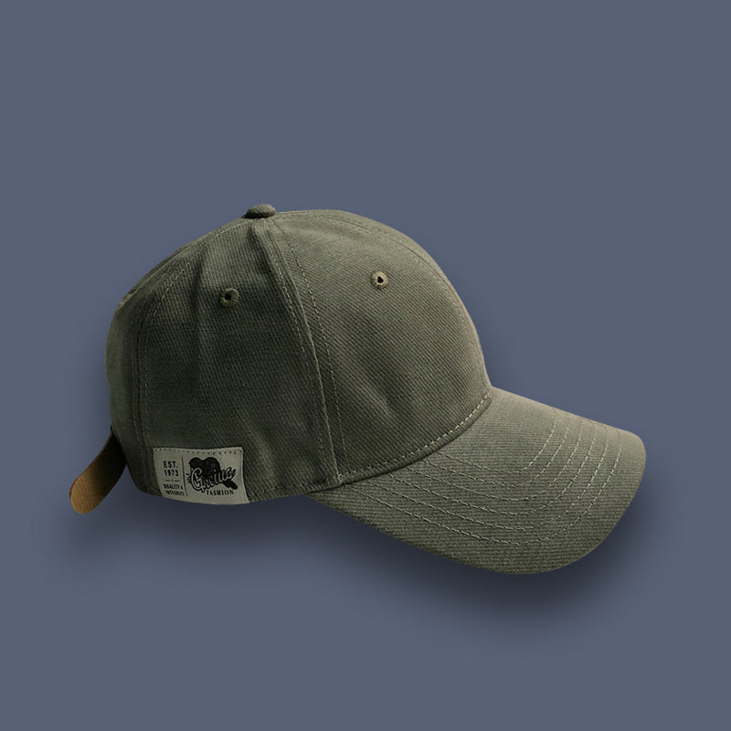 Olive green cotton baseball cap with stitched details and patch logo, FashionRay trendy hat