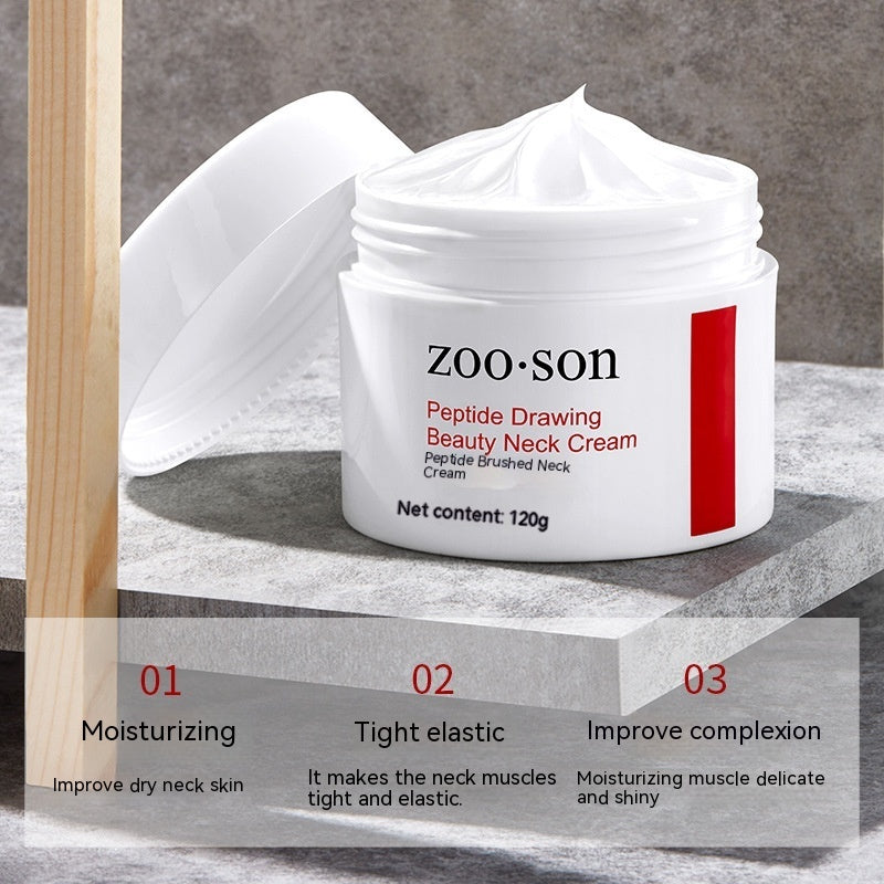 Zoo Son Peptide Drawing Beauty Neck Cream jar on a stone surface, skincare product for neck moisturizing
