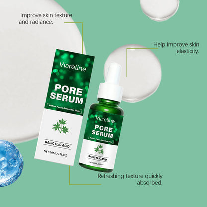 Viareline Pore Serum with salicylic acid bottle and box on green background, skin care product
