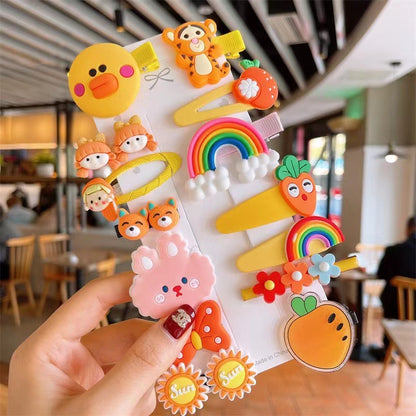 Colorful cartoon animal and rainbow hair clips displayed in a cafe, trendy accessories from FashionRay