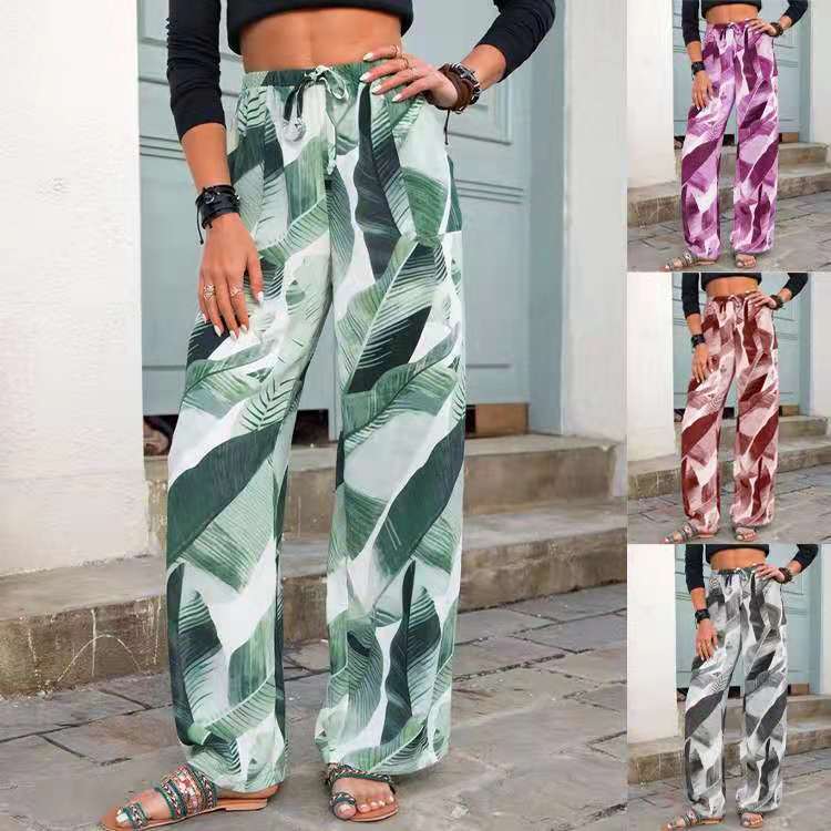 FashionRay women's wide-leg tropical leaf print pants in four colors, styled outdoors