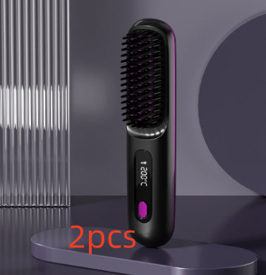 Electric hair straightening brush with digital display, modern black and purple design, 2pcs