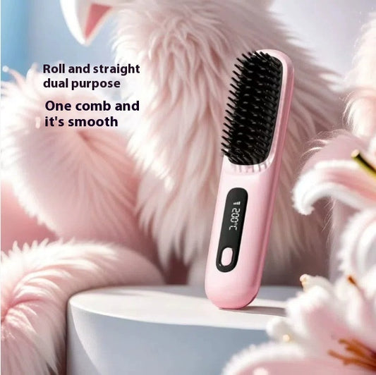 Pink hair straightening brush with digital display, FashionRay styling tool on soft pastel background
