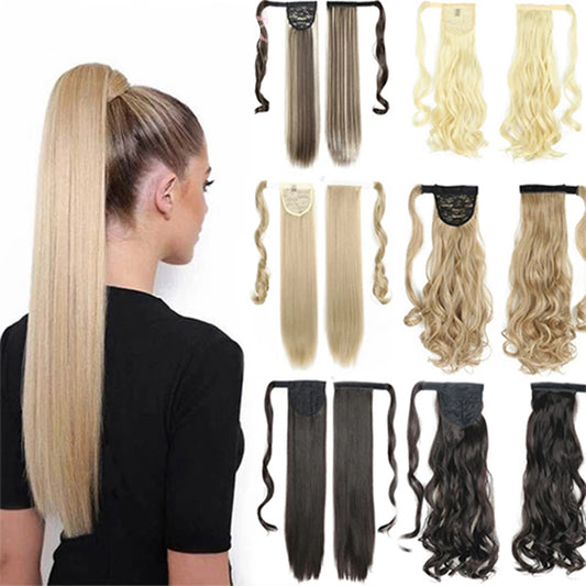 Woman with sleek blonde ponytail, display of FashionRay ponytail hair extensions in various colors and styles