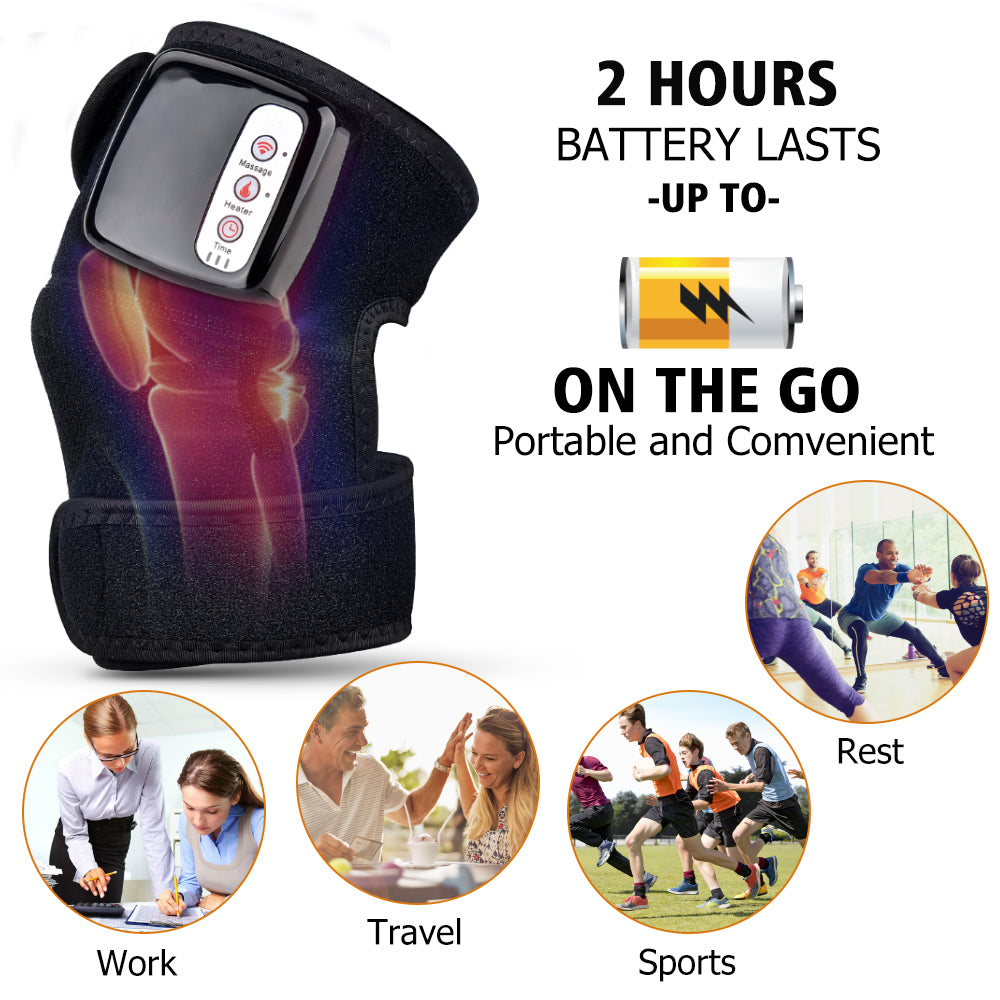 Portable knee massager with digital controls, shown for work, travel, sports, and rest use, FashionRay