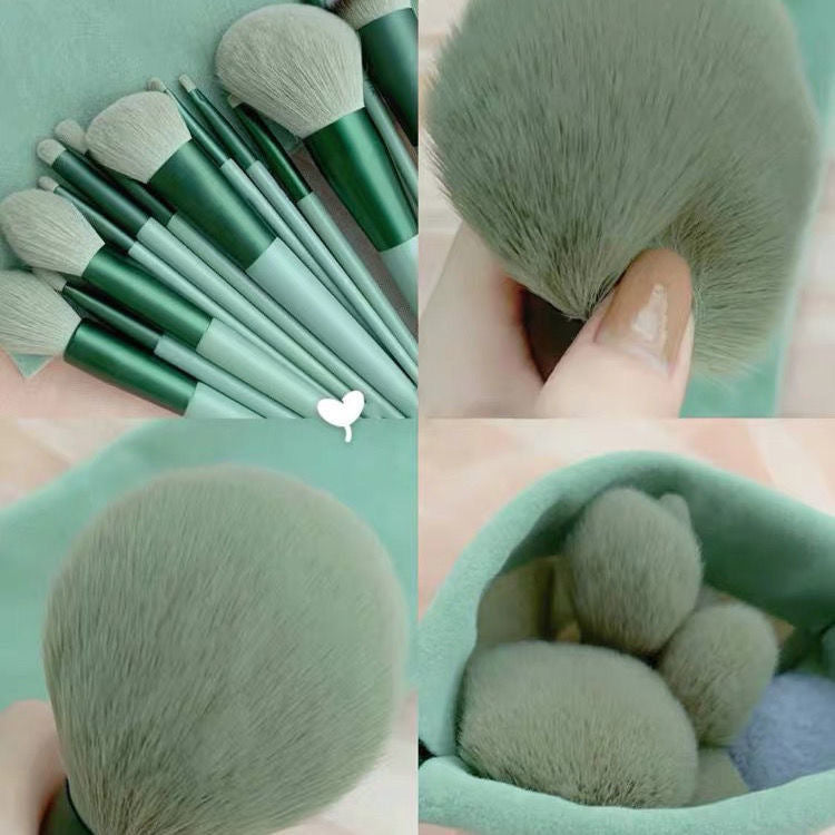 Set of green makeup brushes with soft bristles, shown close-up and in a pouch, FashionRay beauty tools.